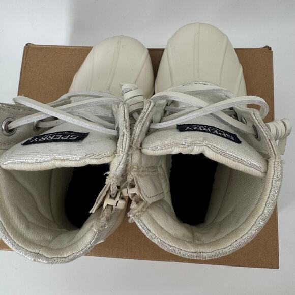 Sperry Saltwater Duck Boots Ivory Girls Size 7M Metallic Silver Lace Up Zip - Picture 6 of 9